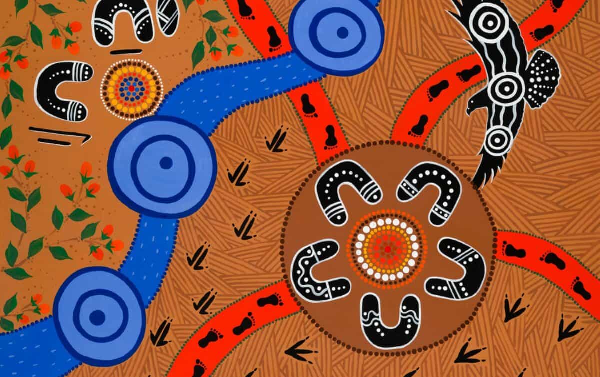 Artist: Trina Dalton-Oogjes Description by the artist: The Artwork shows the connection between Community, land and water. Bunjil and the Elders watching over the gatherings. Footprints, Emu and Kangaroo tracks are moving us forward, together, towards a new way of being.