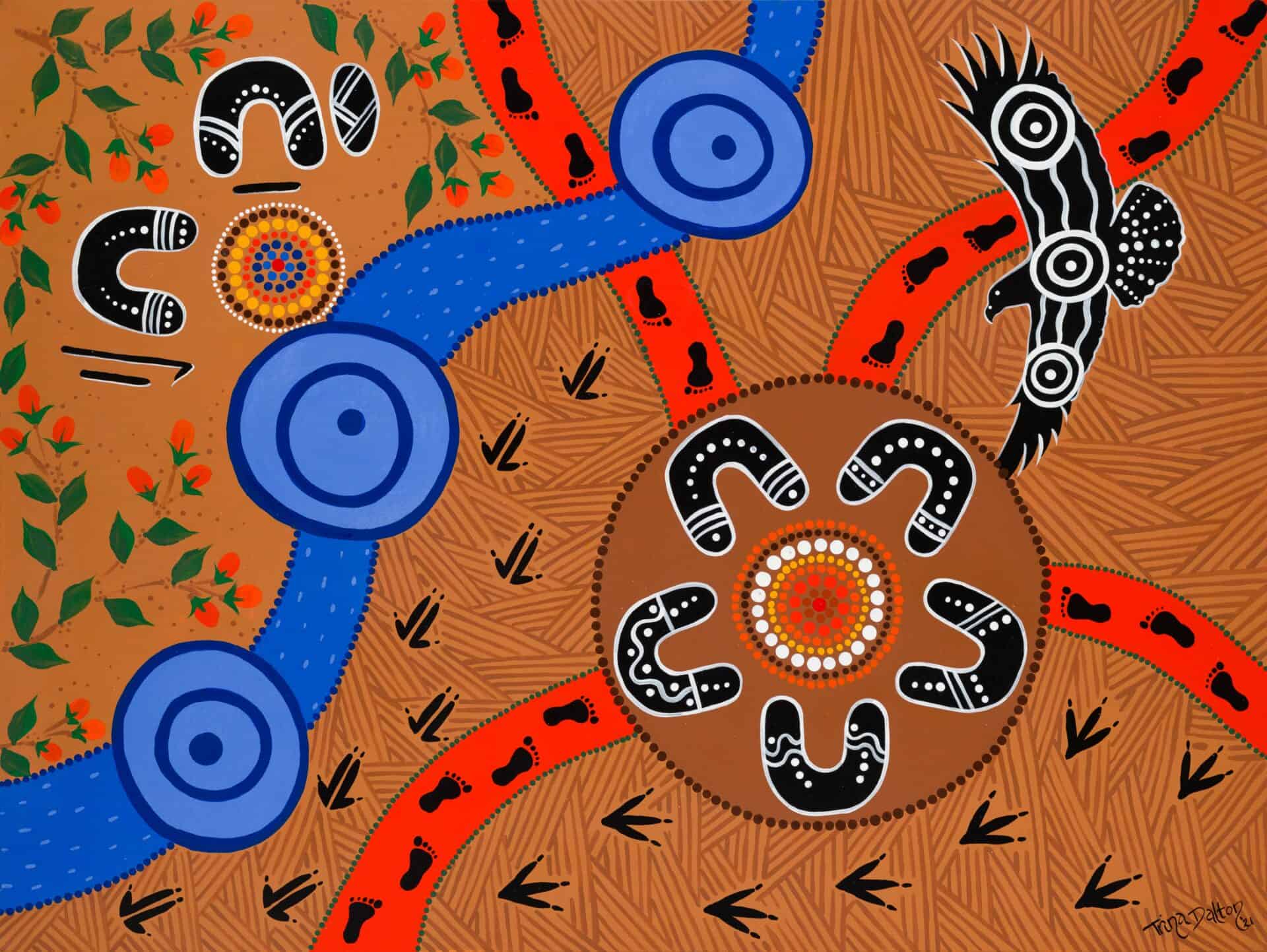Artist: Trina Dalton-Oogjes Description by the artist: The Artwork shows the connection between Community, land and water. Bunjil and the Elders watching over the gatherings. Footprints, Emu and Kangaroo tracks are moving us forward, together, towards a new way of being.