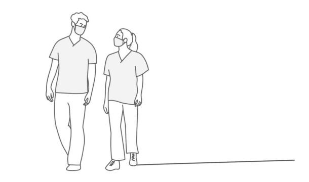 Line drawing of two nurses in protective masks walking and talking.