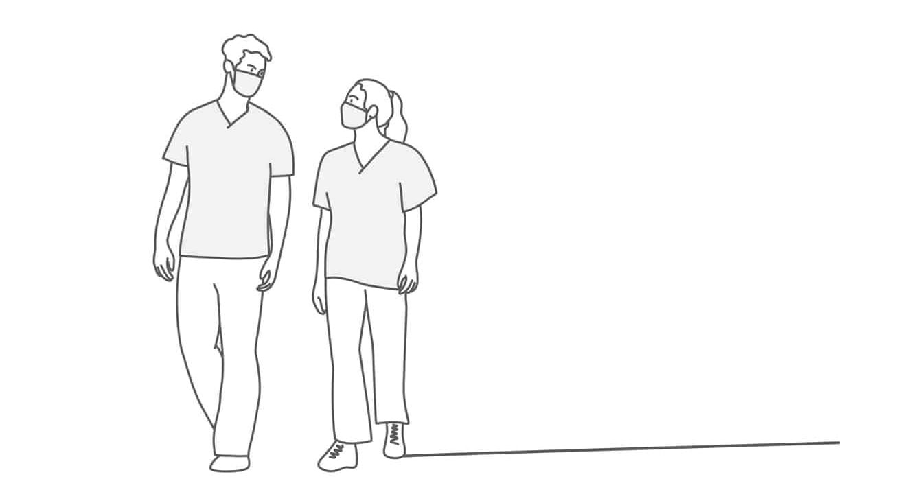 Line drawing of two nurses in protective masks walking and talking.