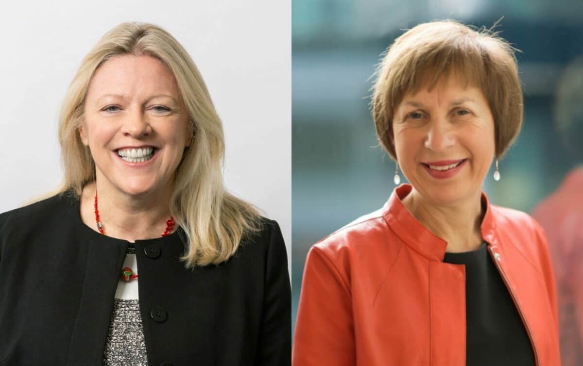 A two-photo collage of Professor Shelley Dolan and Professor Christine Kilpatrick, who are smiling at the camera. Professor Dolan has long blonde hair and is wearing a black cardigan and Professor Kilpatrick has short brown hair and is wearing a red jacket over a black top.